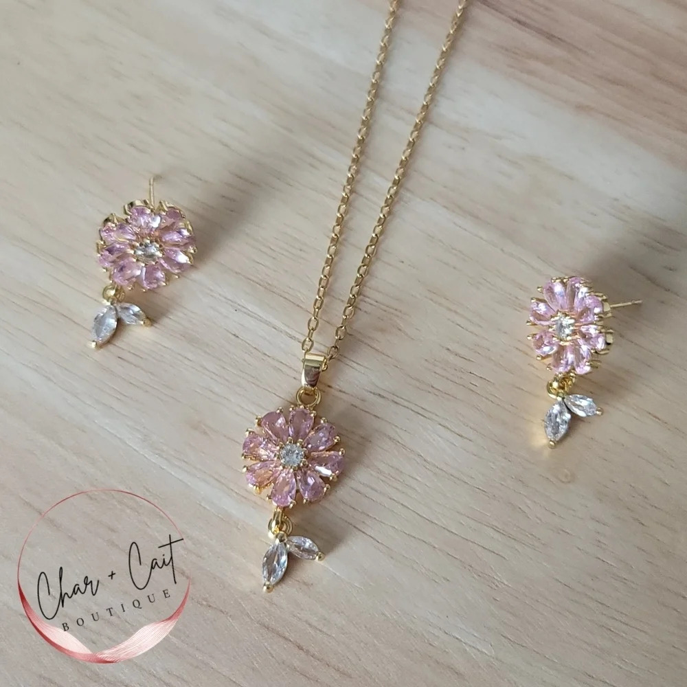 Elegant Pink Flower Necklace and Earring Set with Crystal Accents